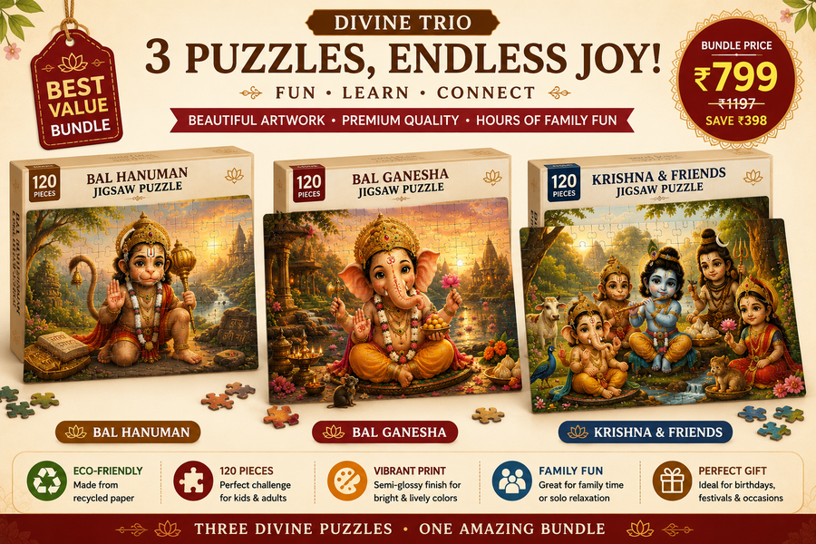 Divine Trio 120-Piece Jigsaw Puzzle Bundle for Kids | Bal Hanuman, Bal Ganesha & Krishna | Sanatan Dharma Puzzle Set of 3