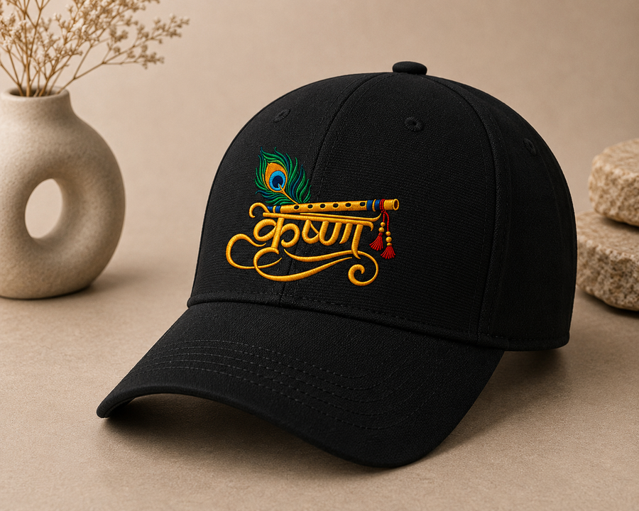 Shri Krishna Embroidered Black Cap | Flute & Peacock Feather Premium Unisex Cap