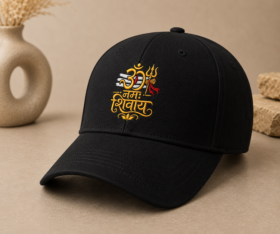 Om Namah Shivaya Embroidered Black Cap | Premium Mahadev Trishul Unisex Cap