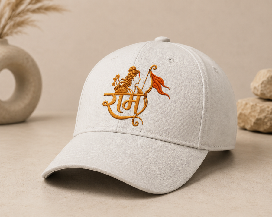 Shri Ram Embroidered White Cap | Premium Sanatan Dharma Unisex Cap