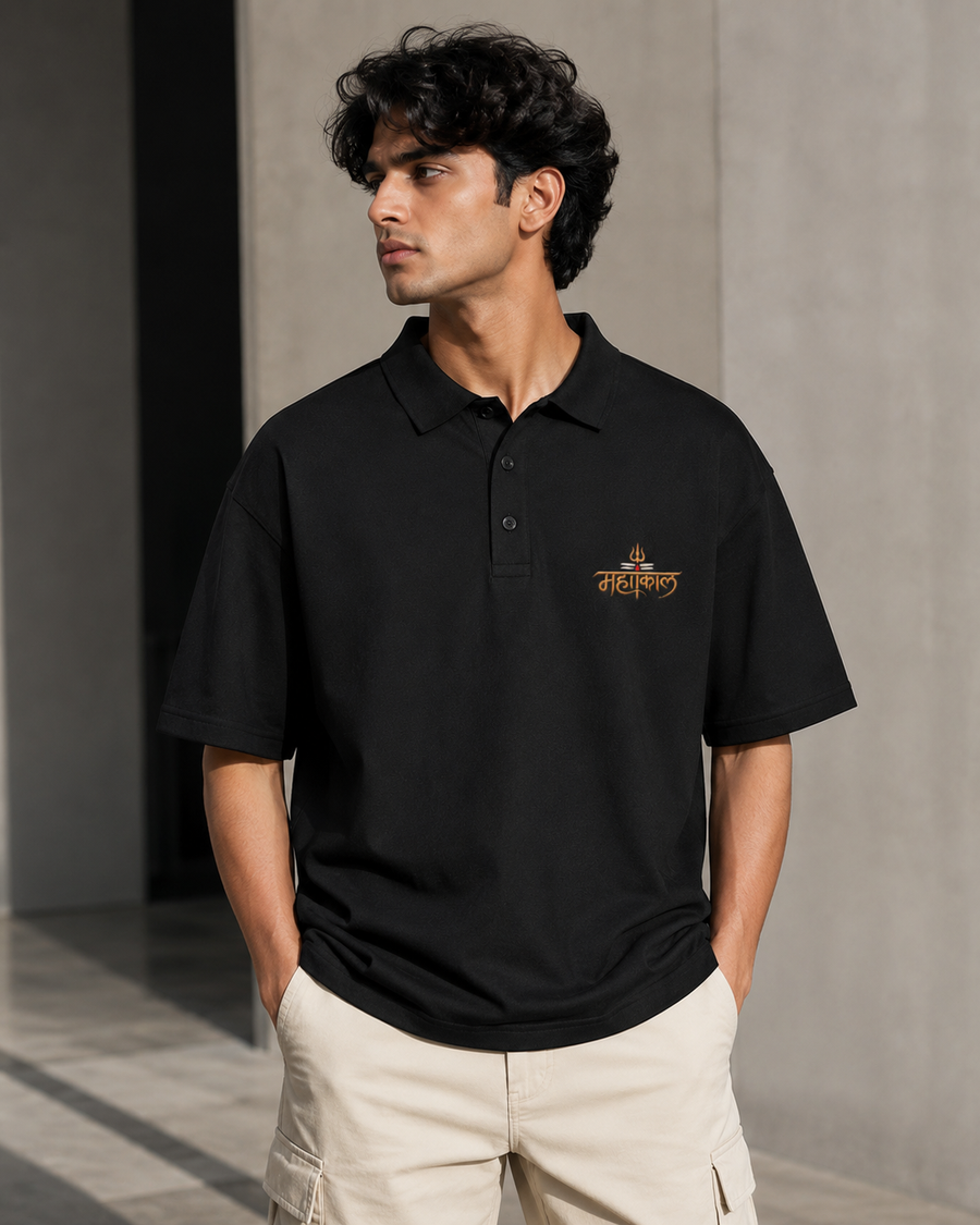 Mahakal Embroidered Polo T-Shirt – Black