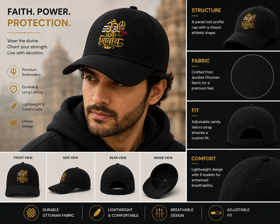 Om Namah Shivaya Embroidered Black Cap | Premium Mahadev Trishul Unisex Cap
