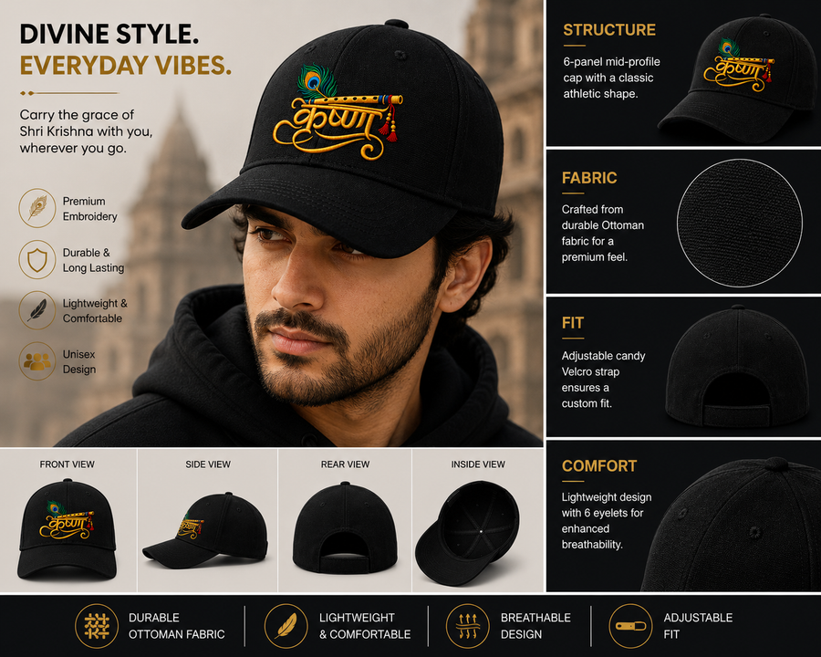 Shri Krishna Embroidered Black Cap | Flute & Peacock Feather Premium Unisex Cap