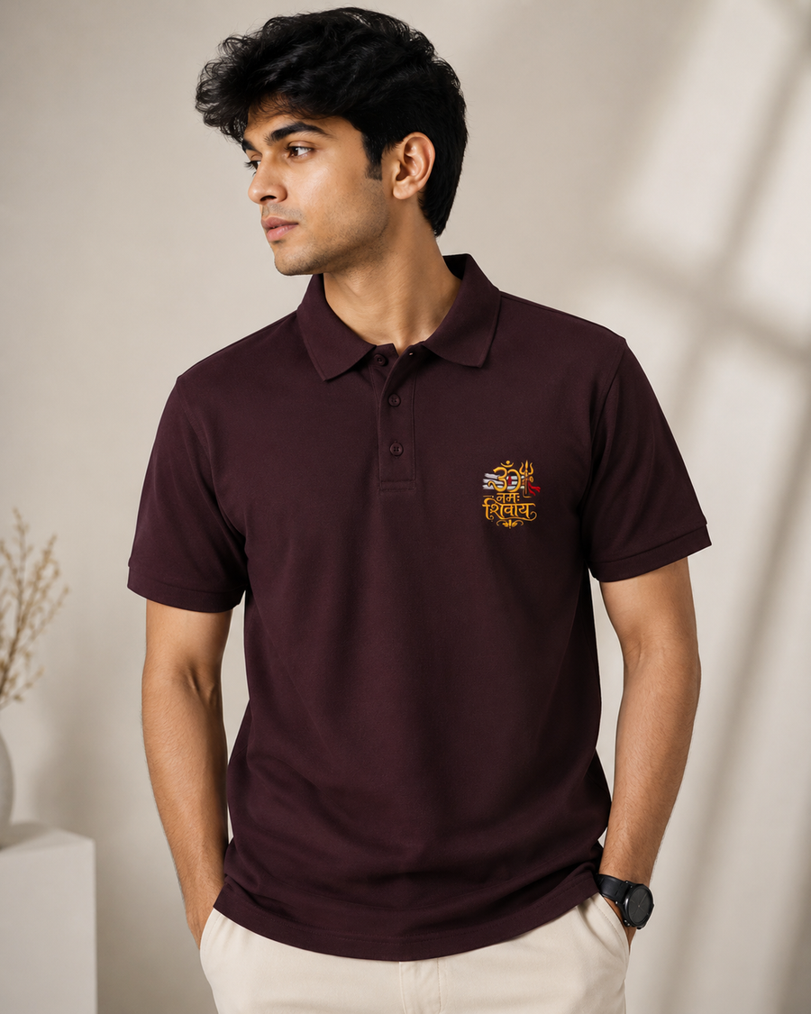 Om Namah Shivaya Premium Embroidered Polo T-Shirt (Maroon)
