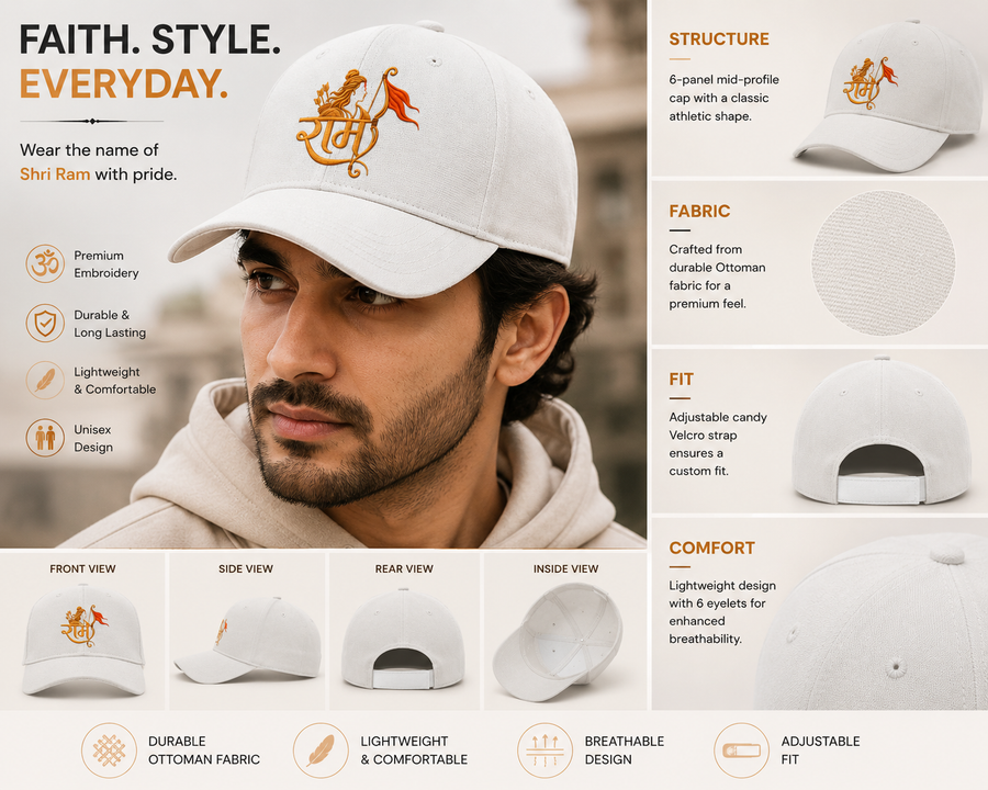 Shri Ram Embroidered White Cap | Premium Sanatan Dharma Unisex Cap