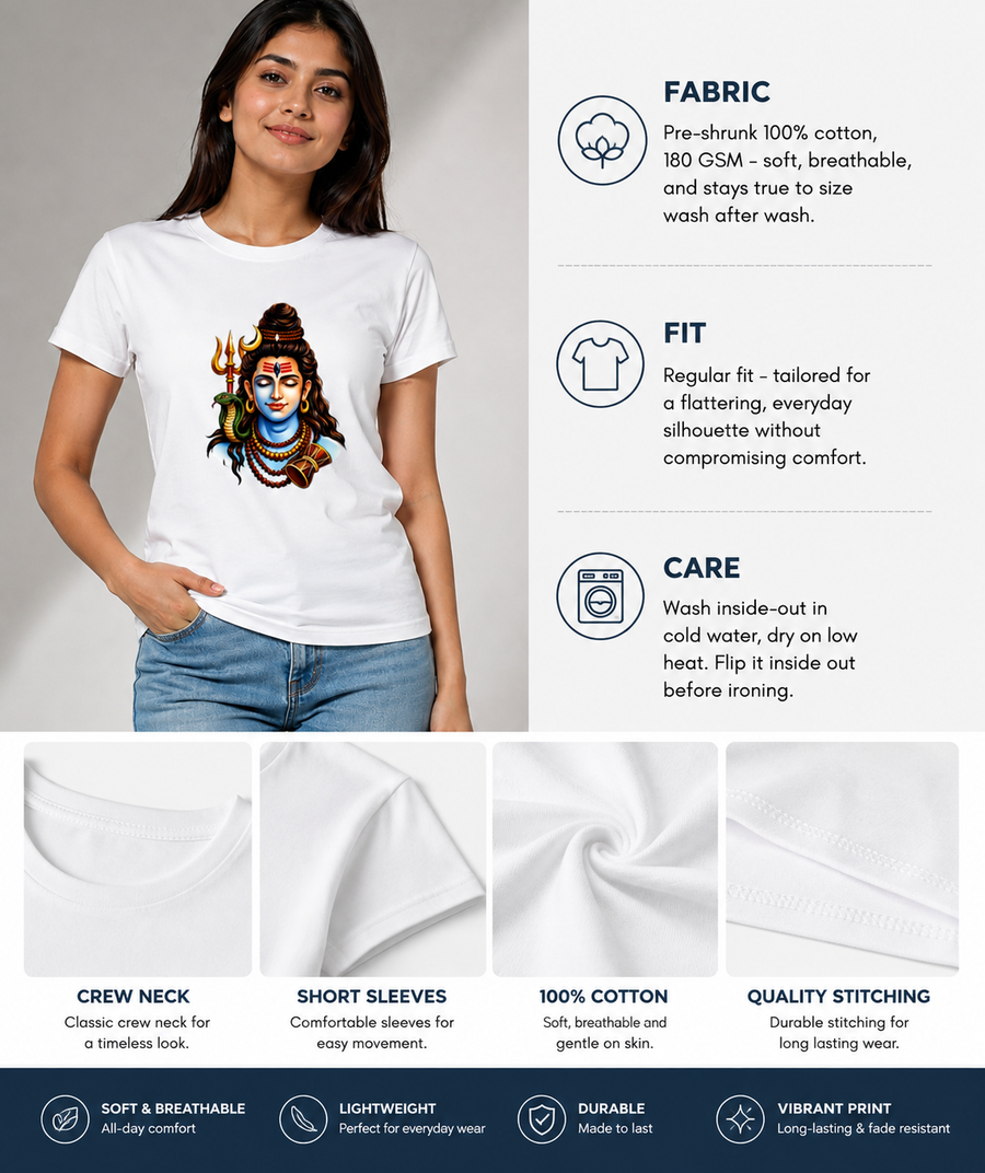 Mahadev Shiva Women’s White T-Shirt | Premium 100% Cotton Regular Fit