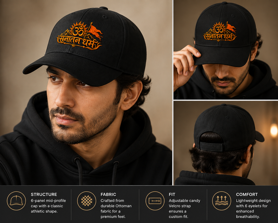 Sanatan Dharma Om Embroidered Black Cap | Premium Adjustable Unisex Cap