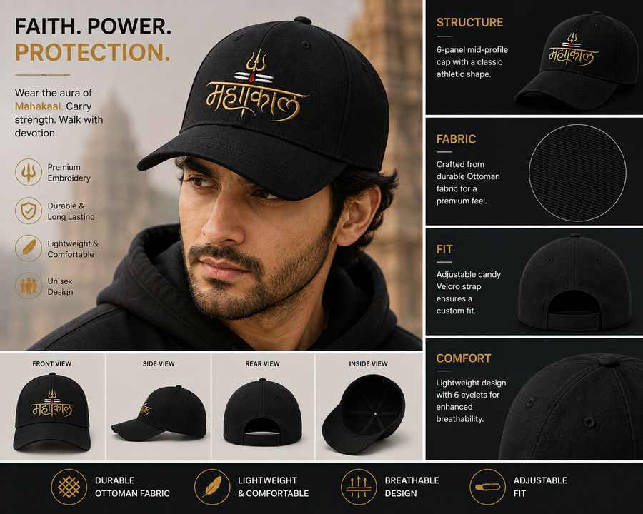 Mahakaal Embroidered Black Cap | Premium Trishul Sanatan Unisex Cap